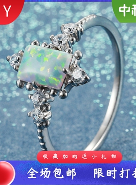 戒指女长方进口opal欧泊澳宝边上白钻戒指男欧美时尚手饰爆款配饰