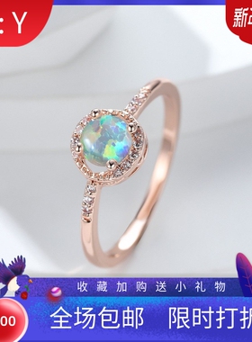 新款时尚跨境个性玫瑰金四爪圆形镶钻白色澳宝女式个性百搭戒指