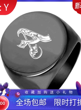 新款欧美跨境亚马逊22MM圆形黑色26字母花字不锈钢戒指热卖女