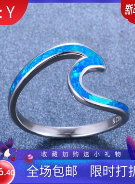 新款跨境欧美时尚创意设计S925纯银白色蓝色澳宝2字形百搭戒指