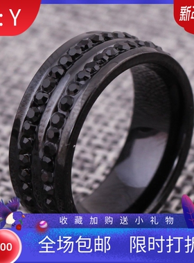 新款欧美跨境ins个性简约6MM双排镶钻不锈钢戒指学生百搭情侣对戒