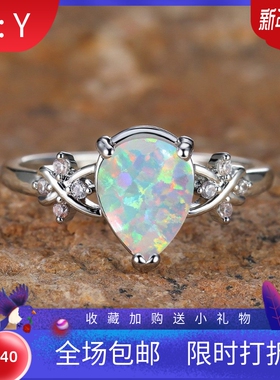 新款跨境白澳宝水滴边花朵白钻戒指小众复古微镶锆石简约百搭饰品