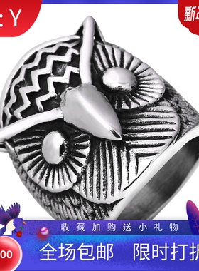 新款厂家 男士复古个性钛钢猫头鹰动物戒指 时尚复古鹰头指环