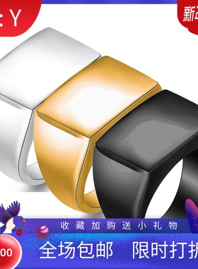 新款欧美跨境ins时尚简约光面18MM长方形钛钢不锈钢戒指可激光Log