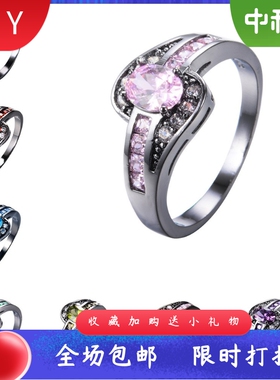 新款黑金10KT椭圆锆石戒指女指环椭圆形环时尚白色黑色珠宝古董女