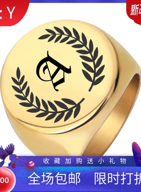 新款厂家不锈钢26个性英文字母树叶戒指 圆形22MM钛钢复古男戒指
