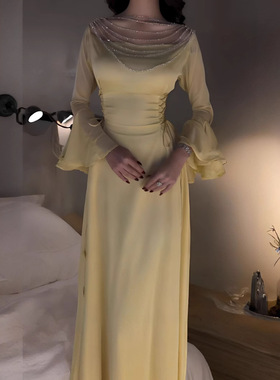 Arab ethnic dress出口阿拉伯女装民族风高档珠链系带收腰长裙子