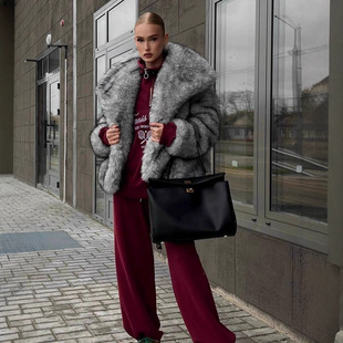 欧美跨境批发秋冬狐狸毛人造毛高级感仿皮草外套女短款大衣夹克