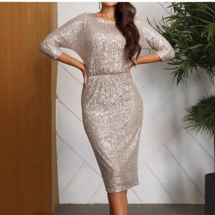 Cross-border sequin women's dress欧美出口亮片简约通勤连衣裙