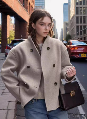 Hot selling lady秋冬女装双排扣灰色大衣休闲气质英伦范百搭上衣