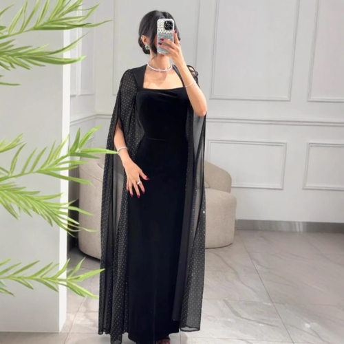 中东丝绒包臀披袖烫钻礼服