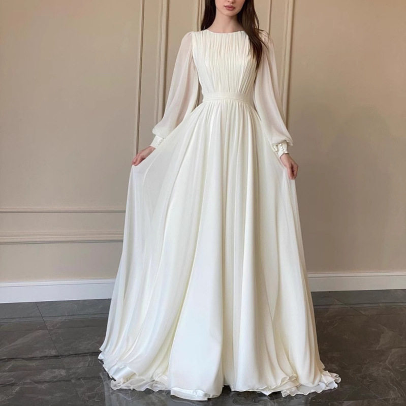 春秋新款珠光纱白色婚纱