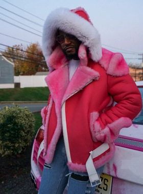 International style high-end pink fur coat国际潮男粉色皮大衣