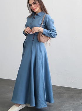 Two piece shirt and skirt set亚麻时尚宽松长袖衬衫半身裙两件