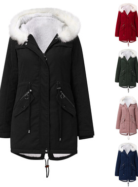 Cross-border跨境女棉衣白色毛领派克大衣中长连帽冬季保暖绒外套