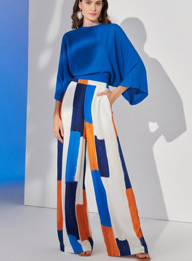 气质通勤女装蓝色上衣阔腿裤套装