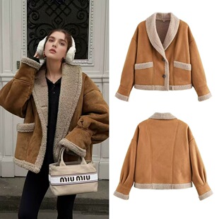 American nostalgic woolen coat美式怀旧皮毛一体女子毛呢外套冬