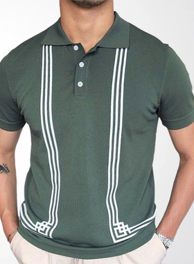 外贸亚马逊新款男装 绿色条纹短袖修身polo衫 针织体恤衫男SY0071