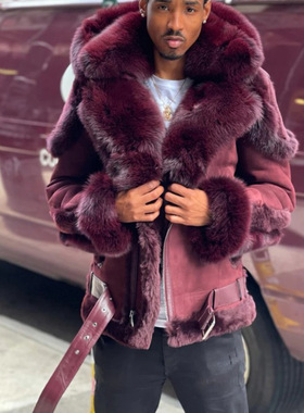 Warm big fur collar hooded fur coat大毛领连帽皮草猎装大衣冬