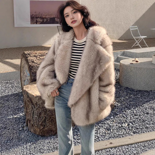 欧美跨境冬季皮草外套女中长款宽松西服领仿狐狸毛人造毛大衣