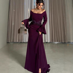 年欧美新款女装外贸亚马逊速卖通长袖一字领拼接褶皱修身礼服