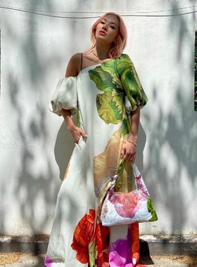 African vacation Slant shoulder dress非洲度假大码斜肩印花裙