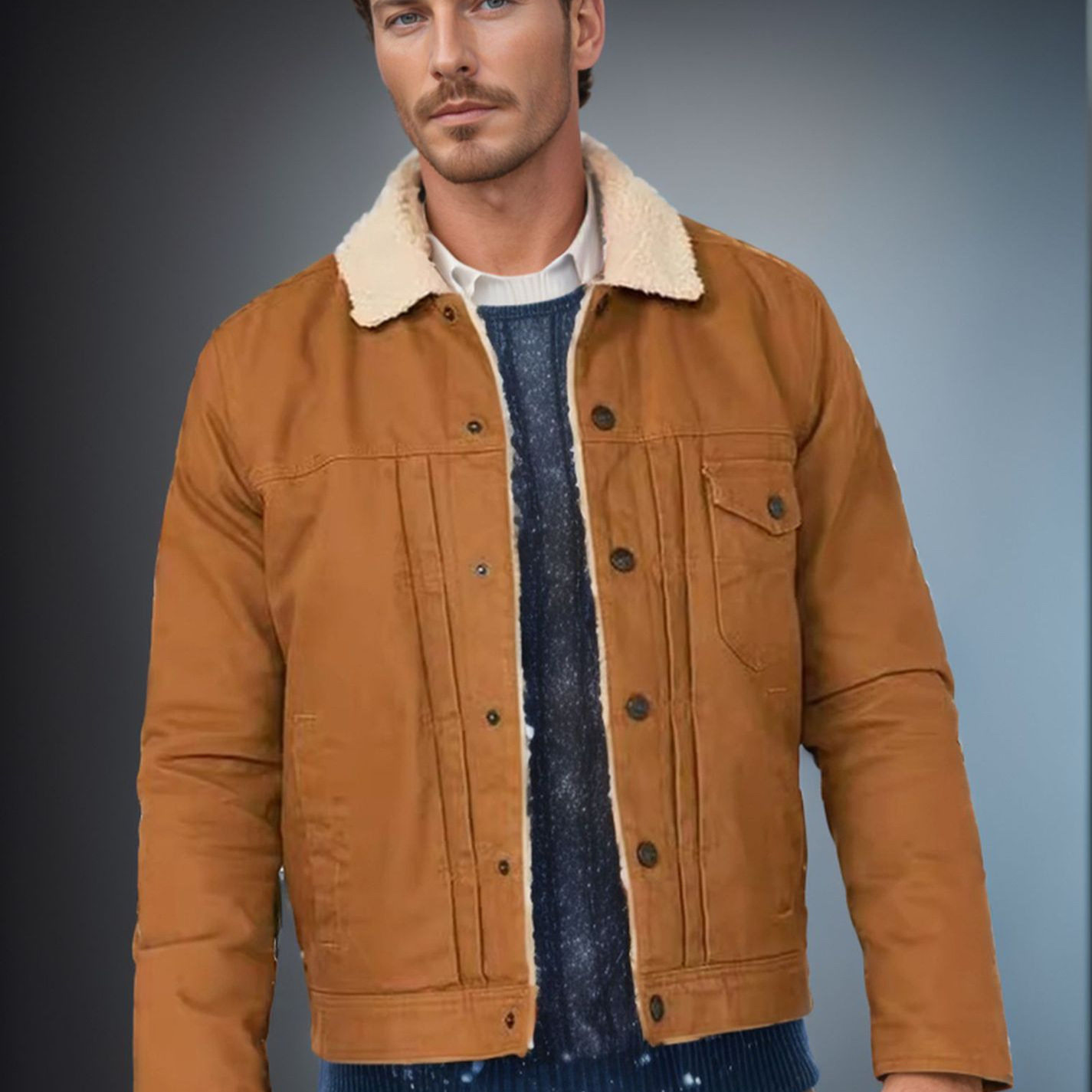 Men's clothing trade加绒外套单排扣多口袋毛领复古秋冬男装夹克