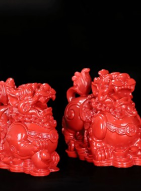 朱砂聚宝盆招财纳福公母一对貔貅家用工艺品百财纳福客厅桌面摆件