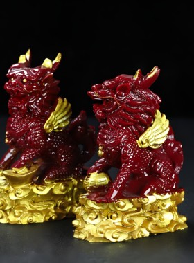 天然原矿朱砂紫金砂鎏金麒麟摆件镇宅招财工艺品摆设乔迁家居