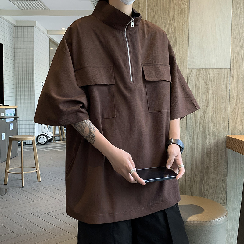 港风夏款男短袖POLO衫工装大口袋拉链立领衬衫休闲T恤衫T035 P35图片