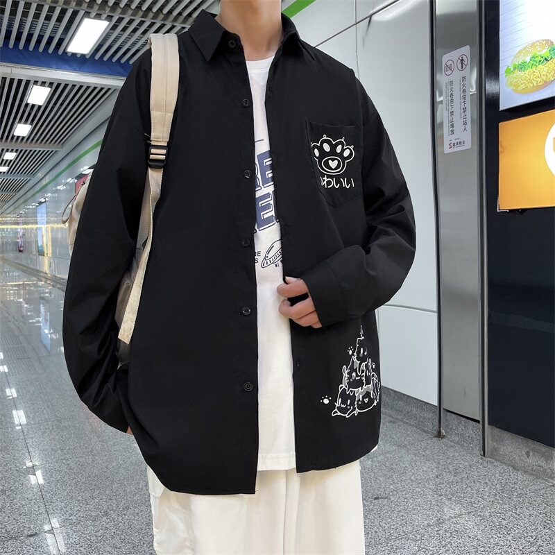 2022港风春款男休闲长袖衬衫卡通猫咪动物印花衬衣CS001,男装衬衫,星座1013-1