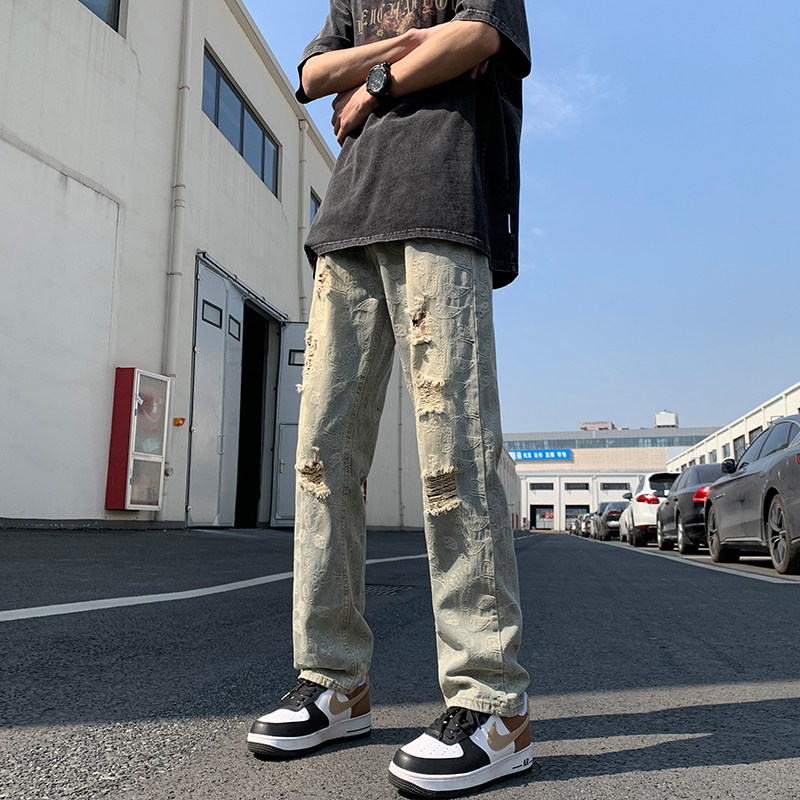 港风夏款男牛仔裤破洞腰果印花直筒宽松休闲长裤nk838P50,男装牛仔裤,星座1013-1