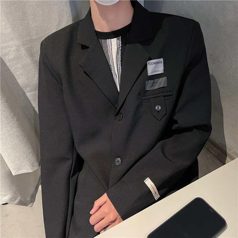 2021港风秋款男韩版工装西装休闲外套字母印花贴标西服J,男装西服,星座1013-1