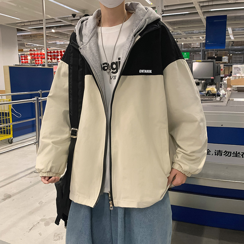 2021港风秋款男工装夹克拼色假两件字母印花连帽休闲外套JK52P65,男装夹克,星座1013-1