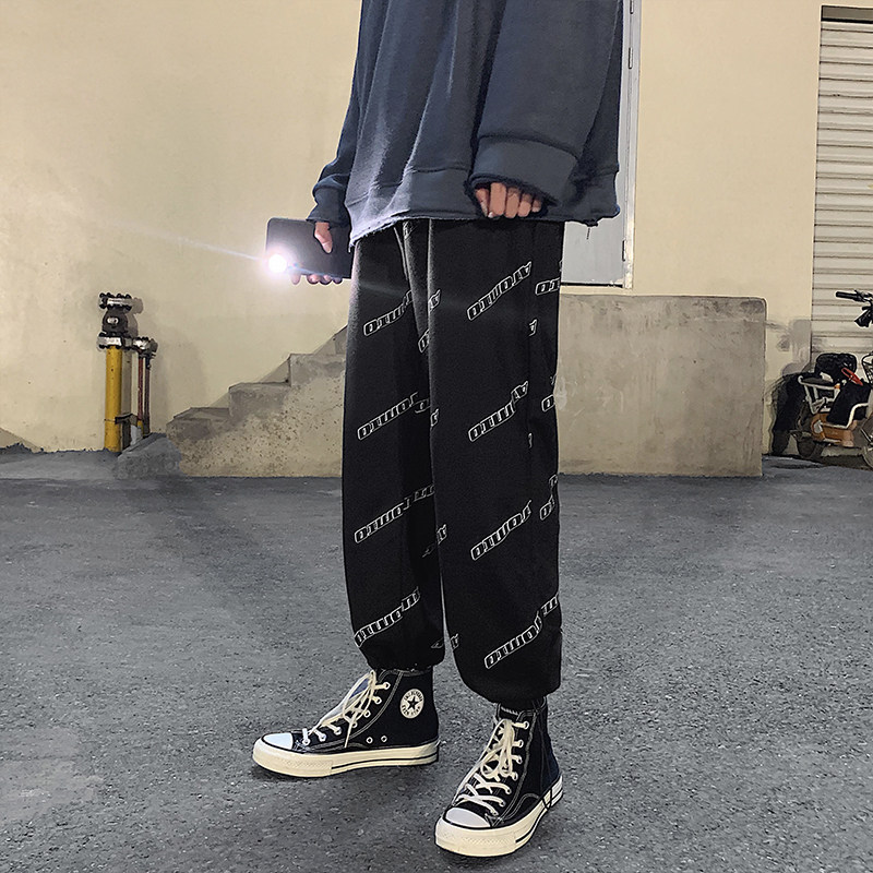 港风秋冬男休闲裤字母印花棉运动宽松抽绳九分裤h319P30,男装休闲裤,星座1013-1