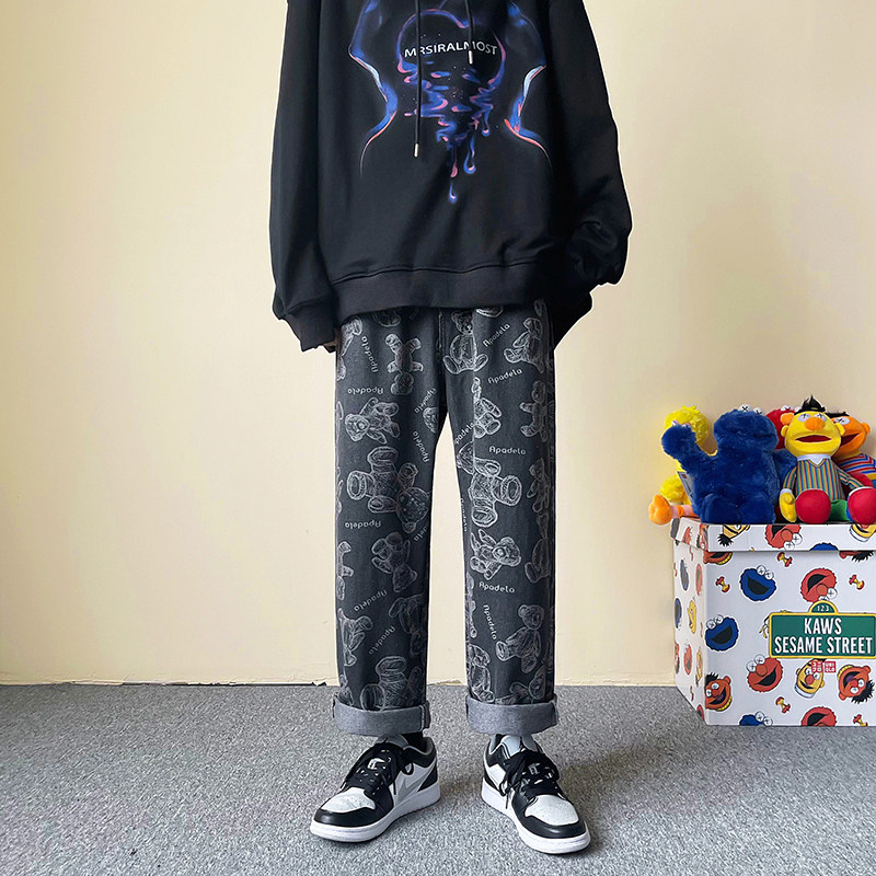港风秋款男牛仔裤小熊印花直筒宽松长裤n,男装牛仔裤,星座1013-1