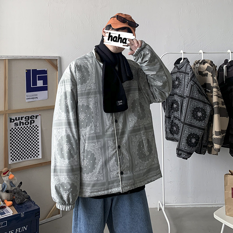 港风冬款男加厚加绒棉衣宽松大码立领两面穿棉服迷彩外套M46,男装棉衣,星座1013-1