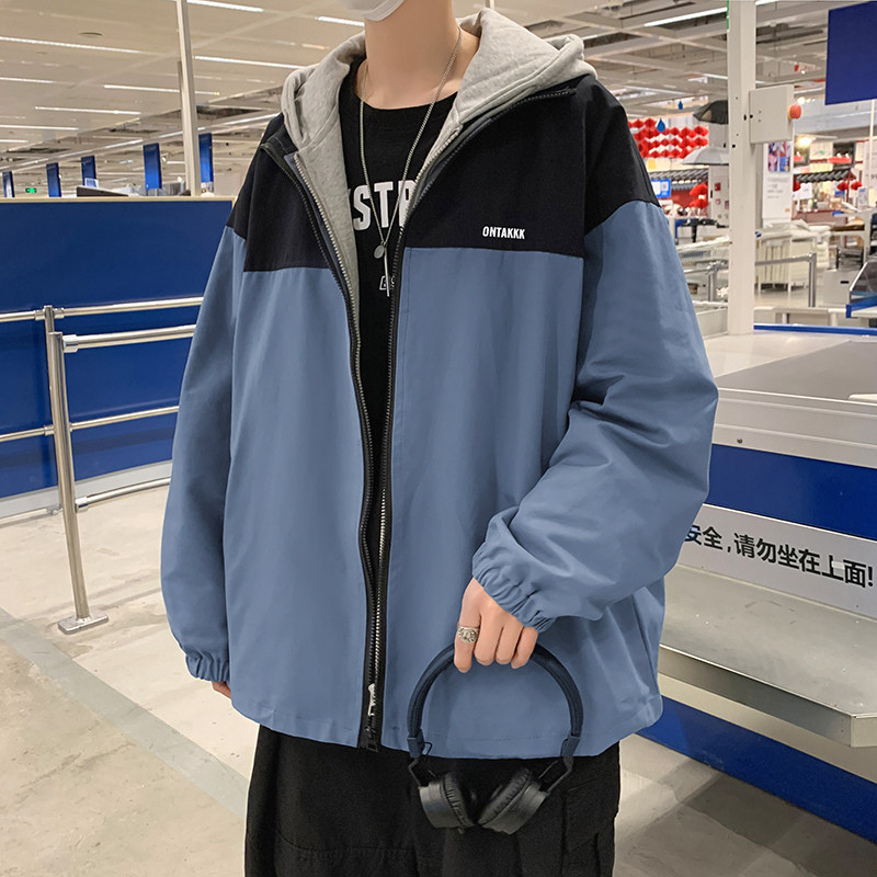 2021港风秋款男工装夹克拼色假两件字母印花连帽休闲外套JK52P65,男装夹克,星座1013-1