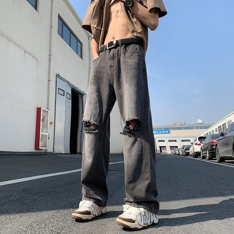港风夏款男牛仔裤膝盖破洞直筒宽松休闲裤nk8044P45,男装牛仔裤,星座1013-1
