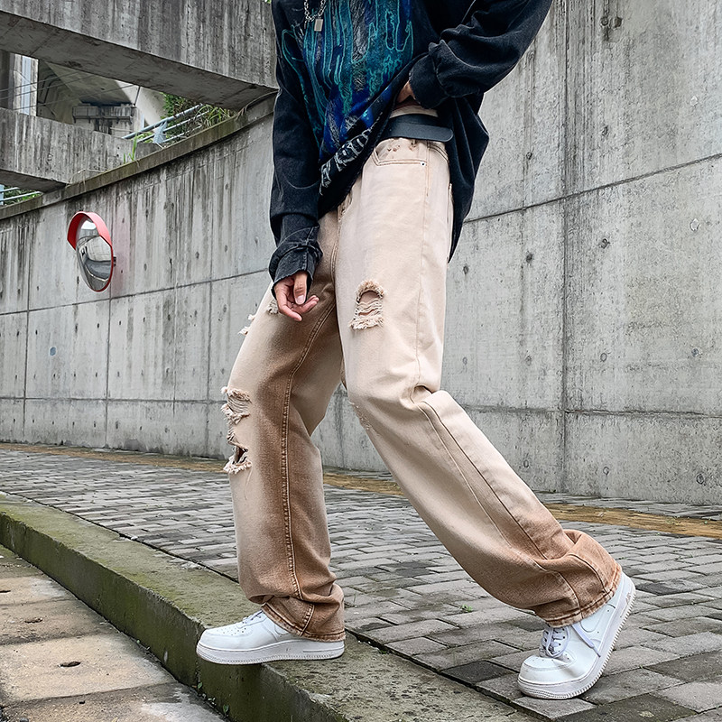 港风夏款男牛仔裤棕色复古做旧直筒宽松休闲长裤nk1012P50,男装牛仔裤,星座1013-1