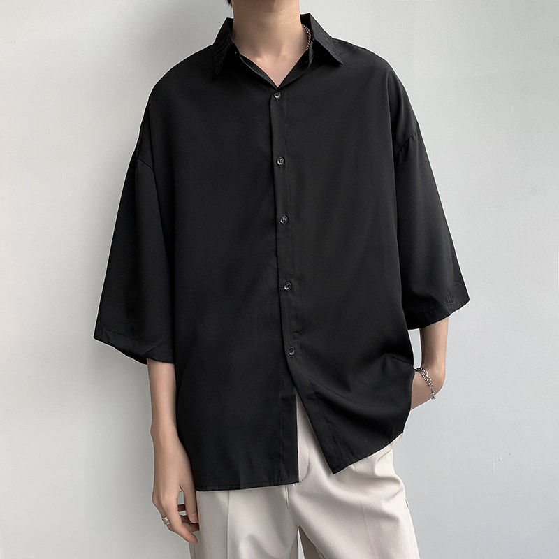 港风夏款男短袖衬衫四面弹丝滑纯色七分袖休闲衬衣CS16P33,男装衬衫,星座1013-1