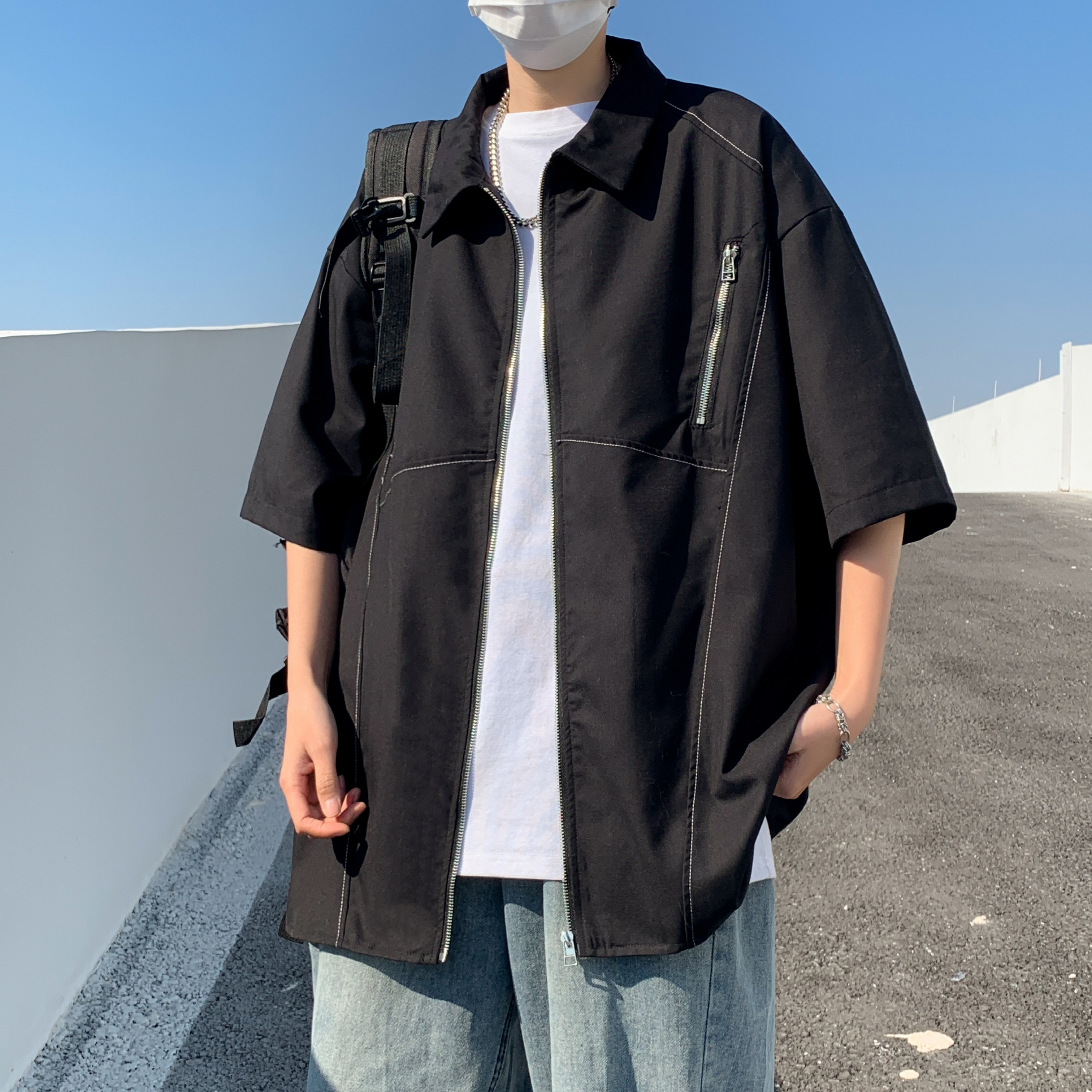 港风夏款男短袖工装衬衫拉链口袋明线拼接五分袖衬衣CS020 P40图片