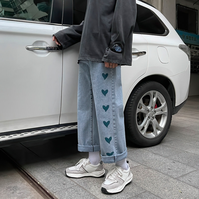 2021港风春款男牛仔裤心印花宽松直筒牛仔加大码S-5xlnk6028P50,男装牛仔裤,星座1013-1