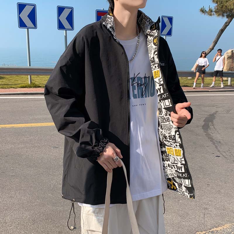 港风秋款男夹克两面穿印花夹克衫休闲外套JK044 P60图片
