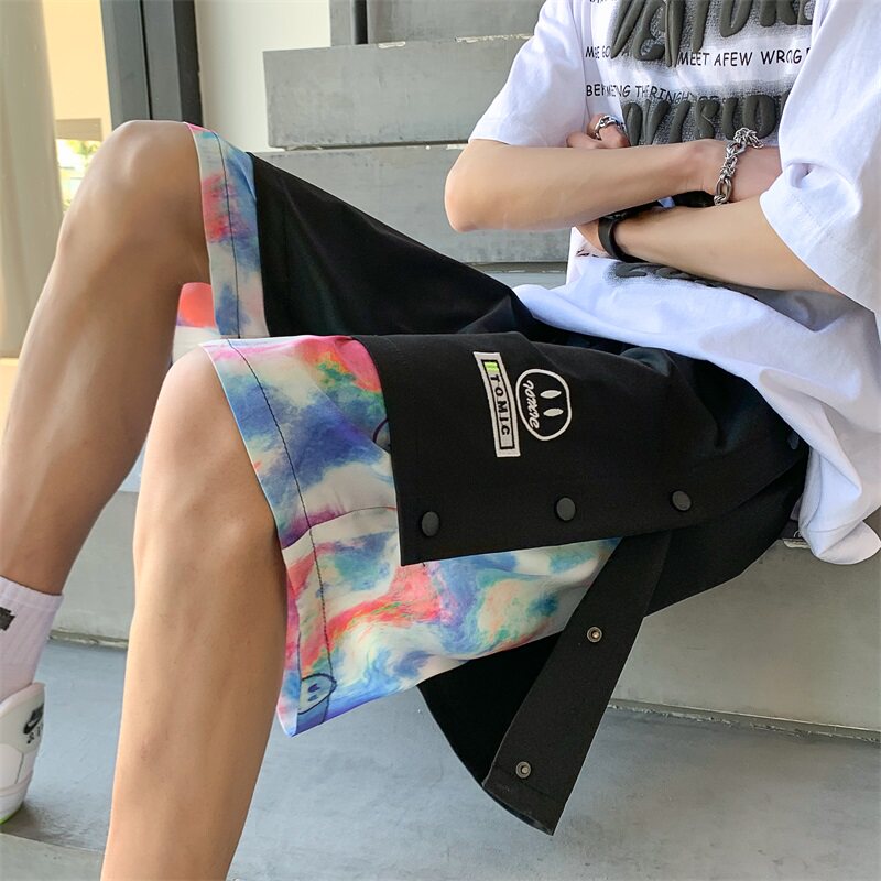 夏男短裤工装贴标扎染字母笑脸印花排扣假两件五分短裤D6007,男装休闲裤,星座1013-1
