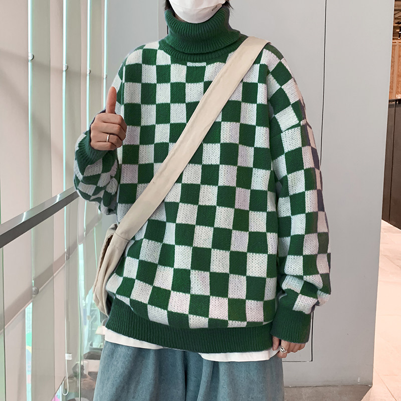 冬男毛衣高领棋盘格拼接针织衫加厚打底线衣M014,男装针织衫/毛衣,星座1013-1