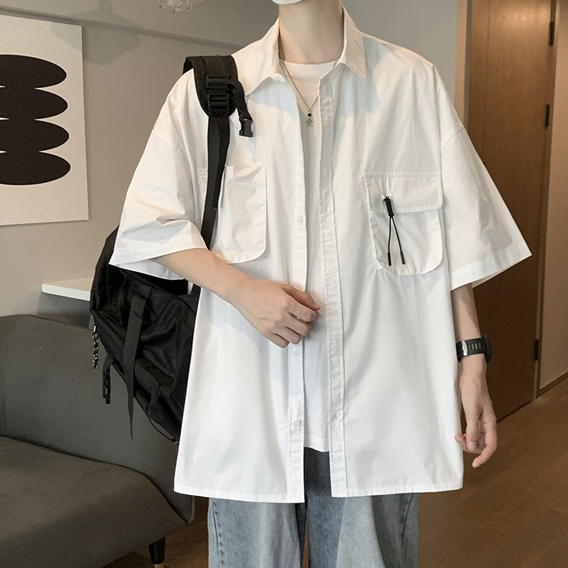 港风夏款男短袖衬衫工装口袋织带休闲衬衫CS1260P40,男装衬衫,星座1013-1