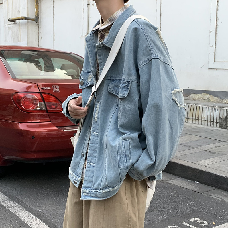 2021港风秋男牛仔夹克衫工装牛仔明线补丁潮男休闲外套JK022P60,男装夹克,星座1013-1