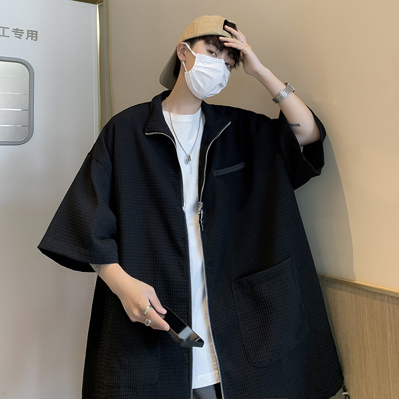 高品质夏款男短袖衬衫方格立领双拉链贴标衬衫工装外套CS4509P45,男装衬衫,星座1013-1