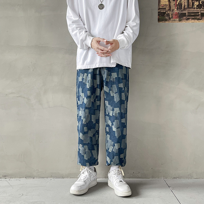 港风秋款男牛仔裤迷彩斑点直筒裤抽绳休闲潮九分裤n,男装牛仔裤,星座1013-1